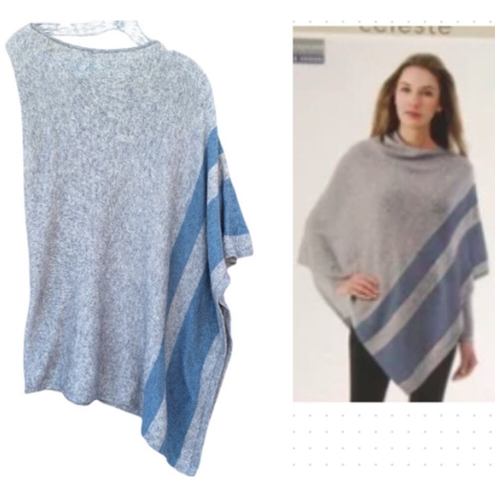 Celeste Wool Cashmere blend Lightweight Poncho Wrap Gray Blue O/S S M L XL
